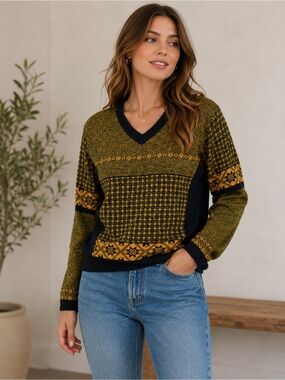 Vintage NILS Ski Sweater Fair Isle Nordic Wool Blend Women’s M V Neck Winter